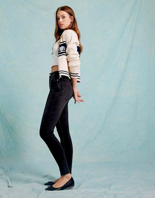 High Rise Black Skinny Jeans Frayed Hem