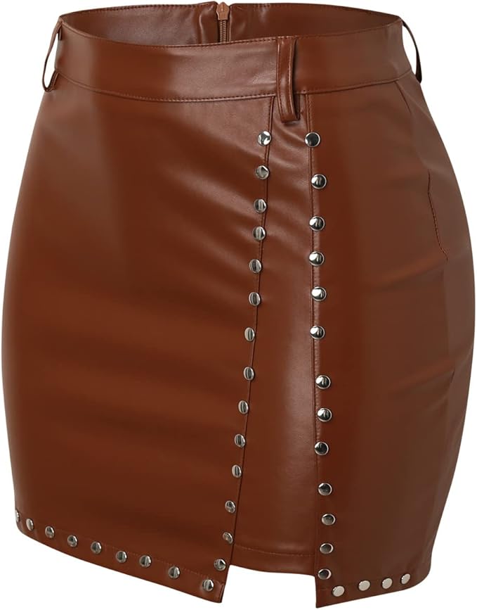 Leather Rhinestone High Waist Mini Skirt