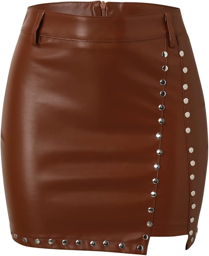 Leather Rhinestone High Waist Mini Skirt