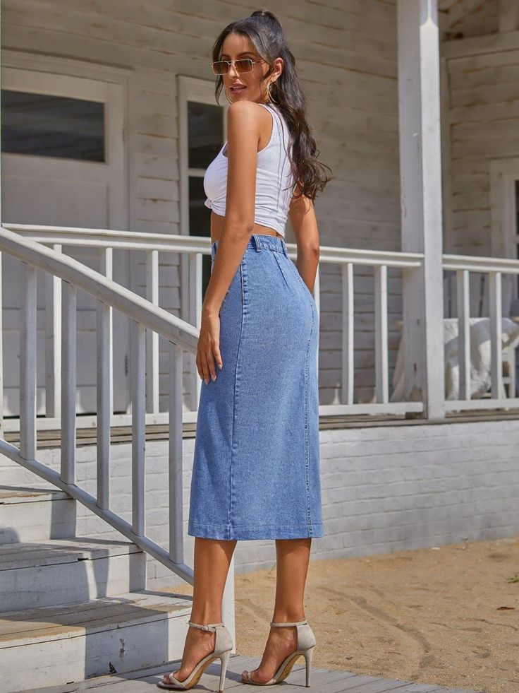 High Waist Button Slit Denim Skirt