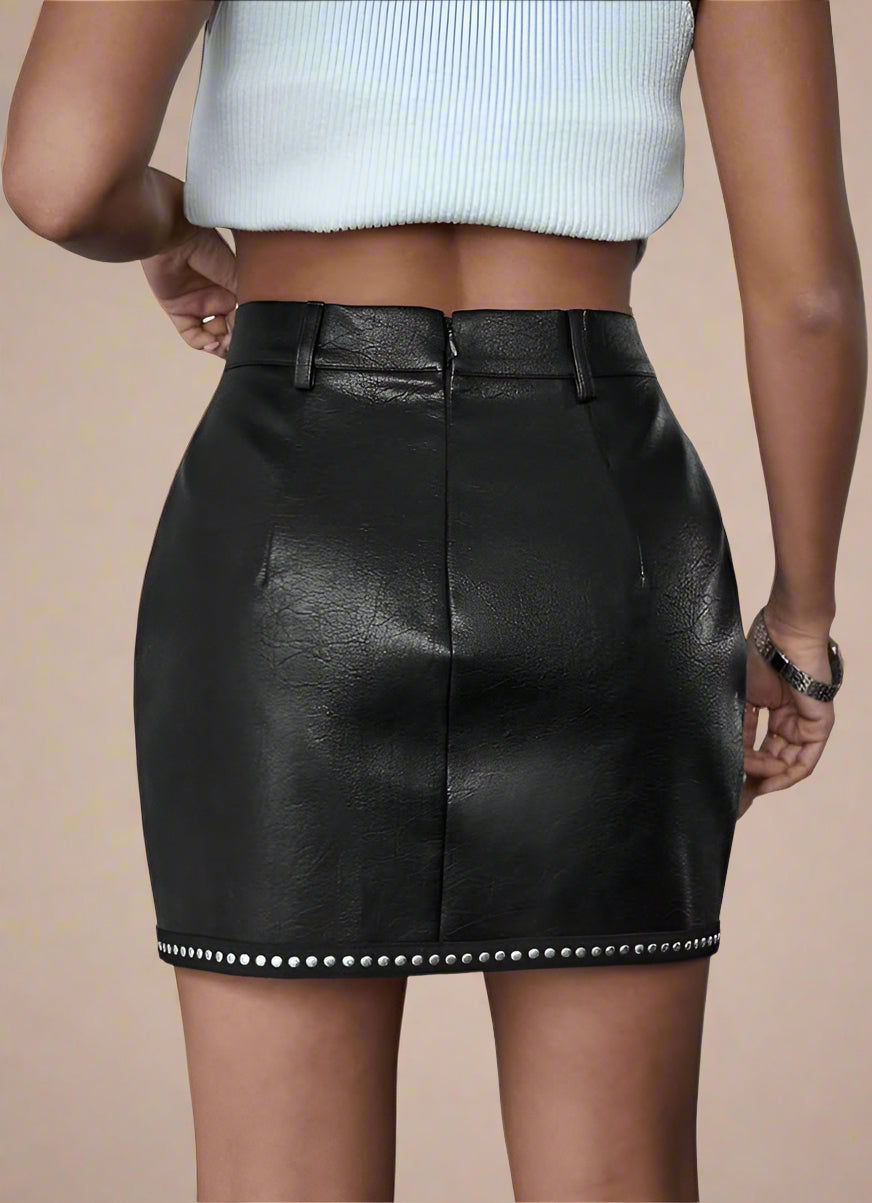 Leather Rhinestone High Waist Mini Skirt