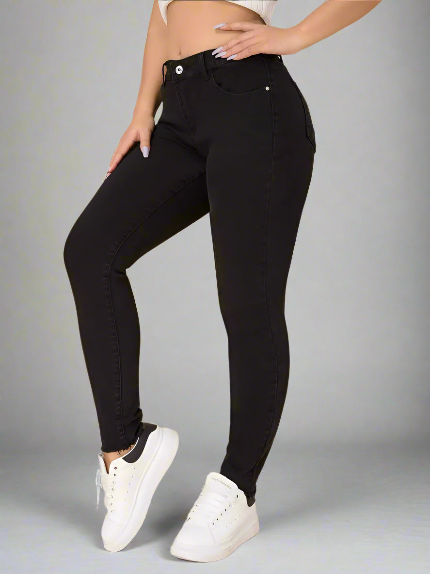 High Rise Black Skinny Jeans Frayed Hem