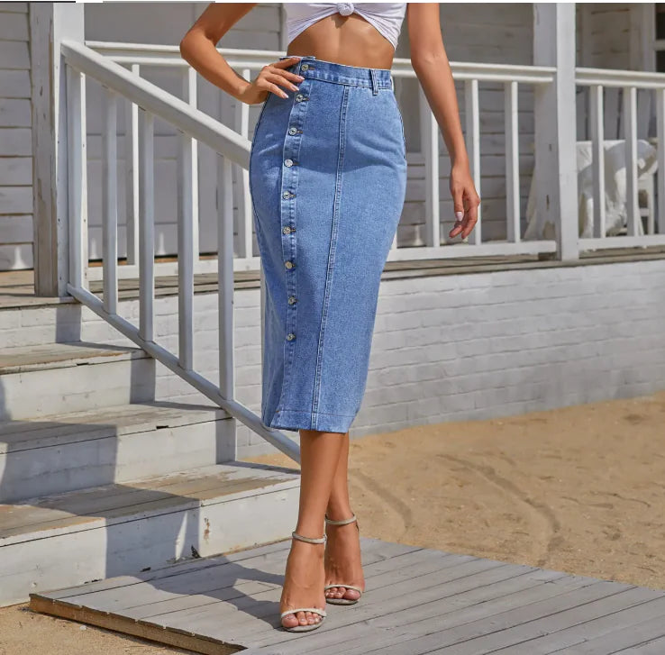 High Waist Button Slit Denim Skirt