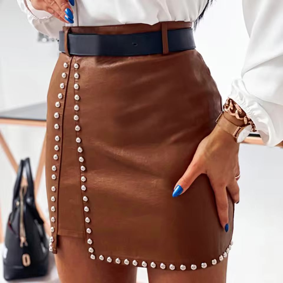 Leather Rhinestone High Waist Mini Skirt