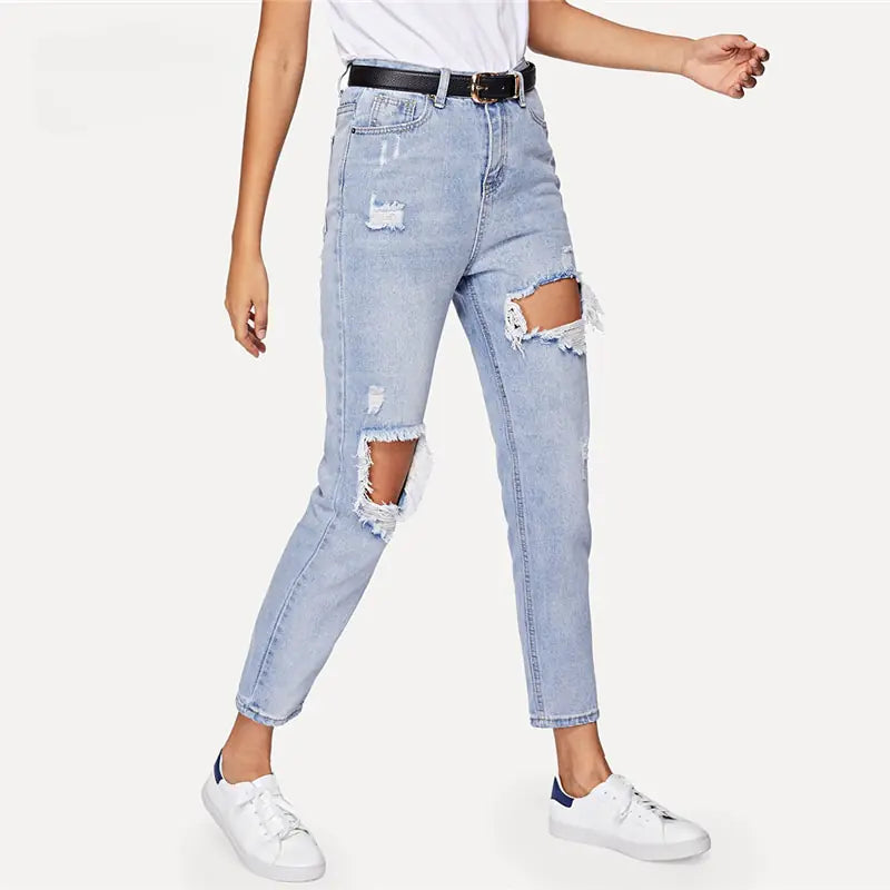 Ripped Jeans For Women Blue Denim Trousers
