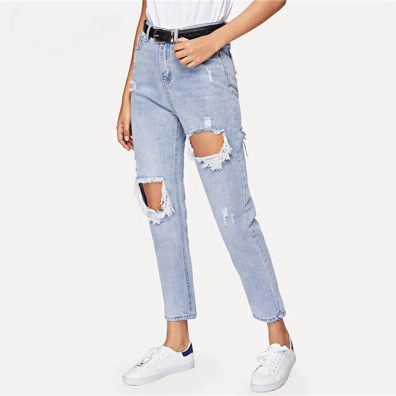 Ripped Jeans For Women Blue Denim Trousers