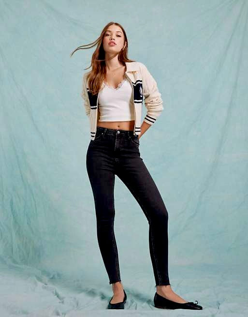 High Rise Black Skinny Jeans Frayed Hem