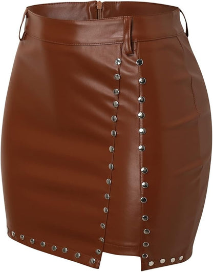 Leather Rhinestone High Waist Mini Skirt