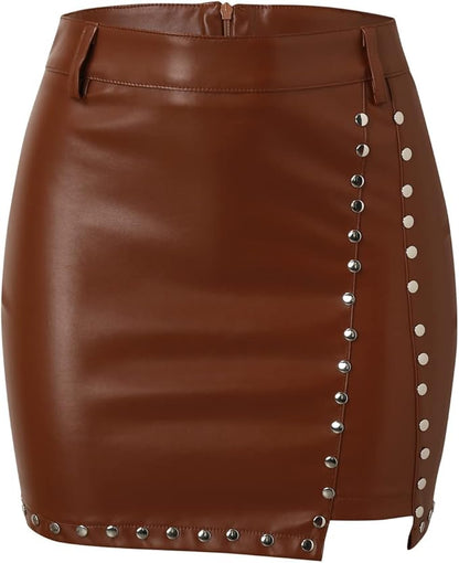 Leather Rhinestone High Waist Mini Skirt
