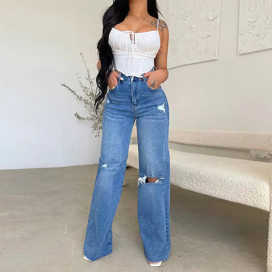High Waisted Wide Leg Frayed Hem Jeans